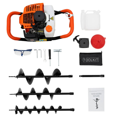 Gas Powered Post Hole Digger With 52cc 2.3HP Engine, Includes 4 Inch, 6 Inch, 8 Inch Auger Bits And 12 Inch Extension Bar