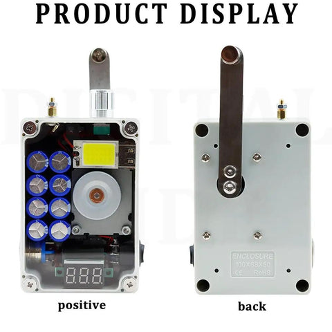 Front and back view of Hand Crank Generator 6V 20F Super Capacitor Portable Manual Emergency Power Supply with COB LED light