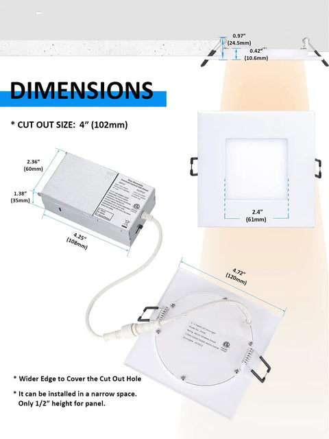 4 Inch LED Canless Recessed Square Downlight With Junction Box 5 CCT Adjustable Dimmable Ceiling Light dimensions
