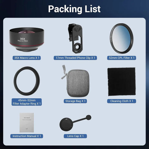 Macro Lens Kit For Smartphones With CPL Filter And HD Macro Lens Clip On Universal Phone Attachment packing list items