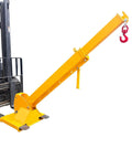 Forklift Jib Boom Crane With 6000 Lb Capacity, Adjustable Telescopic Boom, Dual Hook Hoist, 0 To 75 Degree Tilt, Rock Solid Steel Mobile Crane Rig, Smooth Towing And Load Shifting Attachments, yellow metal boom with hook attached.