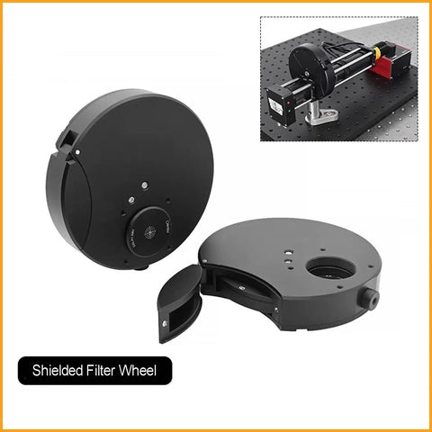 Six Position 1 Inch Telescope Filter Wheel Made From Aluminum Alloy With Sunshade Cover for clear night imaging.