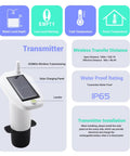 Water Level Sensor With Digital Display For Home Use Ultrasonic Liquid Level Monitor With High And Low Alarms Cordless Receiver Transmitter Up To 100m Range Pumps Auto Shutoff Temperature Change Monitoring And Leak Prevention No Fuss Setup transmitter unit with solar panel