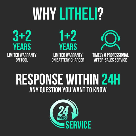 Warranty and service information for Litheli products, including 3+2 years tool warranty and 24-hour response service.