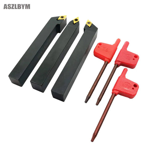 Three Piece 1/2 Inch CNC Lathe Carbide Turning Tools Holder Set With Indexable SDNCN1212H07 SDJCL1212H07 SDJCR1212H07 And 3 DCMT2151 Inserts Plus T8 Wrenches For Metal Machining