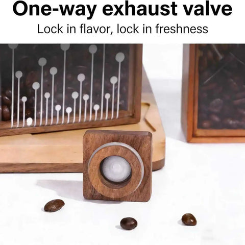 Close-up of one-way exhaust valve for Snag This Wooden Coffee Bean Canister With Airtight One Way Valve That Keeps Your Daily Brew Stash Locked In Crisp And Rich.