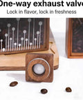 Rugged Wood Coffee Sealed Storage Can With One Way Valve, square wooden body, clear valve, highlights freshness maintenance.