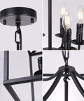 Close-up details of Six Light Black Modern Farmhouse Square Pendant Chandelier for foyer hallway stairway kitchen island dining room