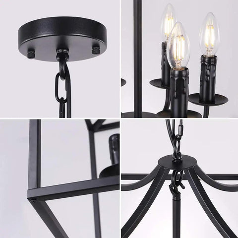Close-up details of Six Light Black Modern Farmhouse Square Pendant Chandelier for foyer hallway stairway kitchen island dining room