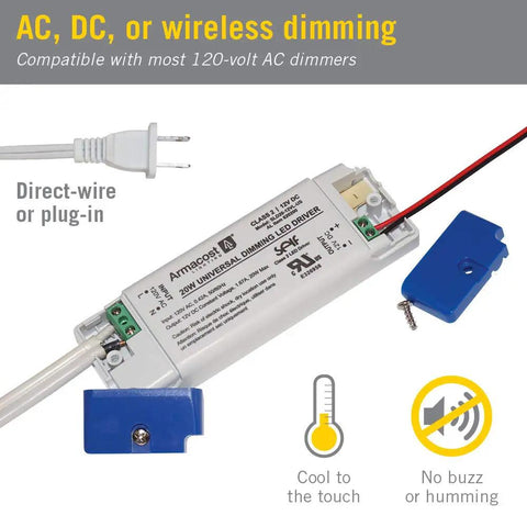 LED Dimmer Power Driver For Under-Cabinet Lighting With Removable AC Cord, 20W Gray, UL Listed, direct-wire or plug-in.