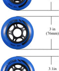 Three blue 80mm Inline Skate Wheels 85A Urethane, sizes 72mm, 76mm, 80mm, illustrating different diameters, black core visible