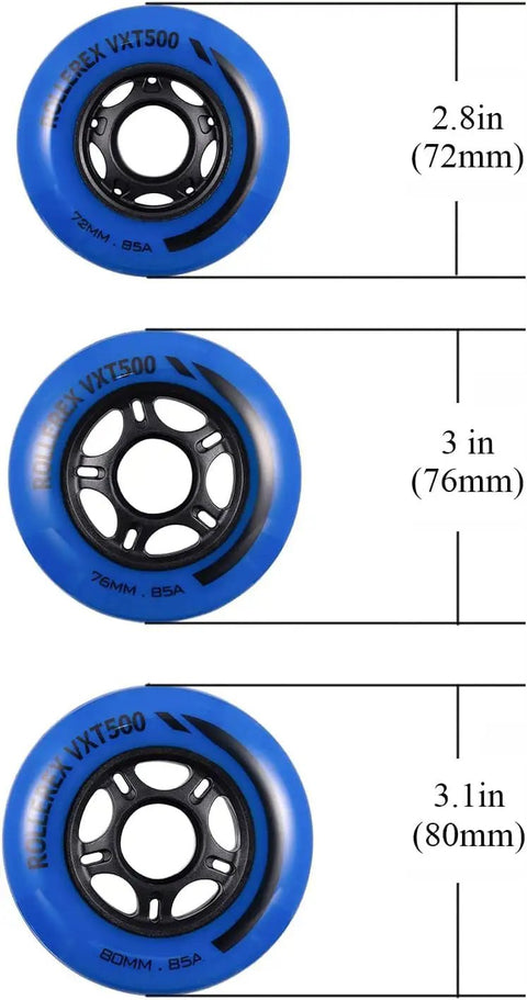 Three blue 80mm Inline Skate Wheels 85A Urethane, sizes 72mm, 76mm, 80mm, illustrating different diameters, black core visible