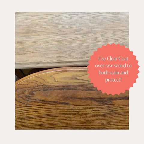 Two wooden surfaces, raw top and coated bottom, showing Eco Friendly Clear Satin Top Coat For Chalk Style Furniture Paint Low VOC.