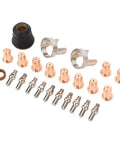 Ipt40 Electrode and Nozzle Set for Cut 55DS Pro and Cut 65DS plasma cutters in brass, zinc alloy, stainless steel, 24-piece kit visible