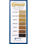 Conceal Textured Wood Caulking color chart with various tones including Red Tone, illustrating options for wood projects.