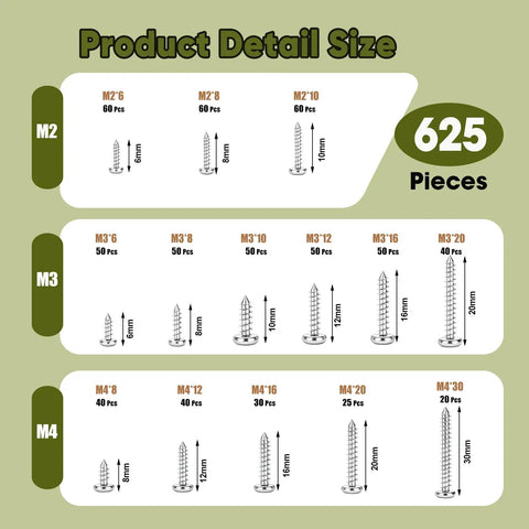 Chart showing screw sizes in 625 Piece 14 Size Self Tapping Screws Kit For Plastic And Metal M2 M3 M4 Phillips Pan Head Cross.