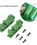 Two green Ten Pack DIN Rail PCB Mounting Brackets For 35mm C45 Rails with screws, close-up of installation.