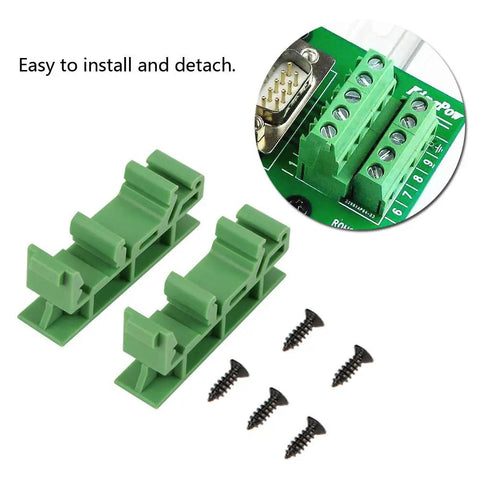 Two green Ten Pack DIN Rail PCB Mounting Brackets For 35mm C45 Rails with screws, close-up of installation.
