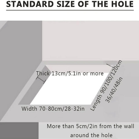 Standard size dimensions for Heavy Duty Electric Remote Attic Ladder hole, showing thickness, width, and length measurements.