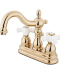 Heritage 4 Inch Centerset Lavatory Faucet With Porcelain Cross Handle In Polished Brass Finish, Classic Bathroom Faucet