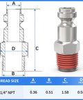 T Style One Quarter Inch NPT Male Automotive Air Plug 20 Pack Heavy Duty Hardened Steel With Nickel Plating diagram and measurements