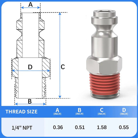 T Style One Quarter Inch NPT Male Automotive Air Plug 20 Pack Heavy Duty Hardened Steel With Nickel Plating diagram and measurements