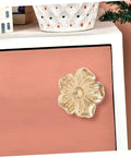 Brass Flower Cabinet Handles Set For Wardrobe And Dresser, Vintage Style Drawer Knobs with floral design on pink drawer