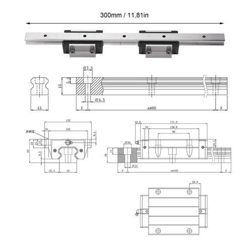 Technical diagram of 300Mm Pro Grade Linear Rail Bearing Steel Linear Guides Rail with Two HGH15CA Slider Blocks for CNC automation