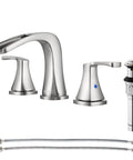 Waterfall Widespread Two-Handle Bathroom Faucet With Metal Pop Up Drain And Quick Connect Supply Lines In Oil Rubbed Bronze, No Fuss Install, 6 To 12 Inch Center Spread, Three Hole Mount, Doris 14071, faucet and components displayed