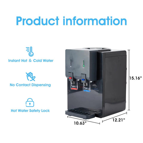 Countertop Water Cooler Dispenser For Home Office Dorms Black Holds 3 Or 5 Gallon Jug Top Loading Hot And Cold Water Kid Safe Lock