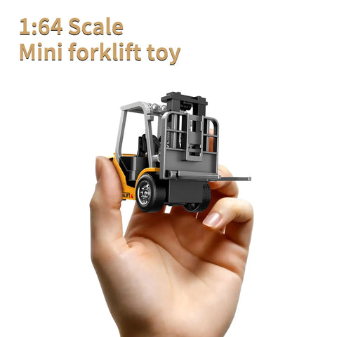 Mini One Sixty Fourth Scale RC Forklift Toy With 2 In 1 Transformable Lift Fork And Hook Remote Control Truck in hand