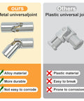 Comparison of metal and plastic universal joints for 33 Piece Pneumatic Pumps Parts Kit For Building Toys And Technic Includes Air Cylinders Switches Tubes Push Rods Pressure Gauges T Connectors Actuators Alloy Joints And Air Tank Compatible With Technic Pumps, highlighting alloy material benefits over plastic.