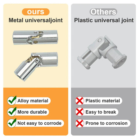 Comparison of metal and plastic universal joints for 33 Piece Pneumatic Pumps Parts Kit For Building Toys And Technic Includes Air Cylinders Switches Tubes Push Rods Pressure Gauges T Connectors Actuators Alloy Joints And Air Tank Compatible With Technic Pumps, highlighting alloy material benefits over plastic.