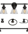 Oil Rubbed Bronze All In One Bathroom Set With 3 Light Vanity Fixture And Coordinating Towel Bar Towel Ring Robe Hook And Toilet Paper Holder