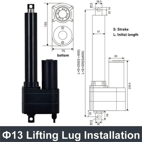 Durable High Performance DC 12V Electric Linear Actuator engineered with tough stainless steel tubes, showing dimensions and lifting lug installation.