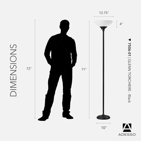 Black Torchiere Floor Lamp With Frosted White Shade, 300W Double Socket, 71-Inch Tall Modern Accent Lighting next to silhouette
