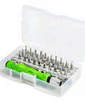 Top Tier 32 In 1 Screwdriver Kit With 30 Torx And Phillips Bits For Quick Fixing Of Phones Laptops Watches And Gadgets Perfect For Tech Heads. Green handle 32-piece plastic case with magnetic bits for phone and laptop repair