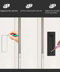 Installation steps for Oil Rubbed Bronze Pocket Door Pull And Edge Pull Set, showing grooving, insertion, and screw tightening.