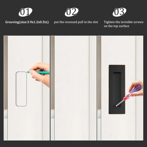 Installation steps for Oil Rubbed Bronze Pocket Door Pull And Edge Pull Set, showing grooving, insertion, and screw tightening.
