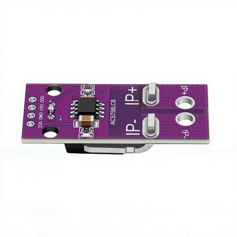 Heavy Duty Hall Effect Current Sensor 50A Linear Module For Power Monitoring, top view of purple PCB with pins and components.