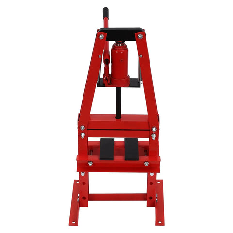 Front view of 6 Ton A-Frame Hydraulic Shop Press with adjustable plates for auto repairs including bearings bushing ball joints and gears.