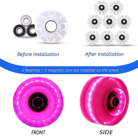 Light Up Roller Skate Wheels 8 Pack With 78A Hardness And LED Illumination Premium ABEC 9 Bearings installation before and after