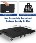 Heavy Furniture Moving Dollies With Wheels Set Of 2 showing weight capacity of 440 lbs and product dimensions, no assembly required