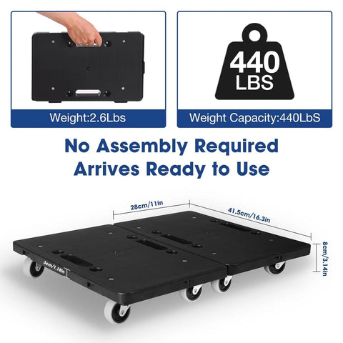 Heavy Furniture Moving Dollies With Wheels Set Of 2 showing weight capacity of 440 lbs and product dimensions, no assembly required