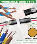 Close-up of 50/100/150 Pack Quick Clip Fasteners No Drill Snap On Connectors illustrating wire compatibility for AWG22 to AWG18.