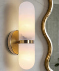 Golbasdena 13in Alabaster Wall Sconces, Gold Wall Lights Bulb Included with cylindrical alabaster shades and gold base.