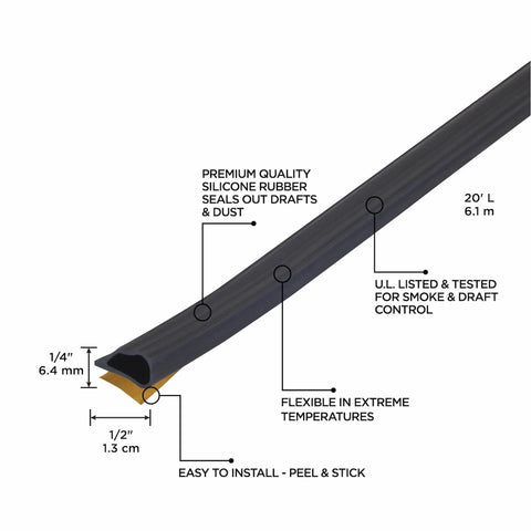 Side view: black silicone gasket seal for doors/windows, 20 ft, self-adhesive, 1/4 in × 1/2 in cross-section