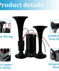 Heavy Duty 12 Volt Dual Trumpet Electric Air Horn With Turbo Compressor, Badass 135 Decibel Ripping Blast, Solid Copper Build, Universal Fit For Trucks SUVs Motorcycles Pickups Black with wiring and relay