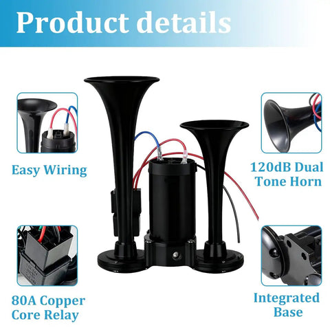 Heavy Duty 12 Volt Dual Trumpet Electric Air Horn With Turbo Compressor, Badass 135 Decibel Ripping Blast, Solid Copper Build, Universal Fit For Trucks SUVs Motorcycles Pickups Black with wiring and relay