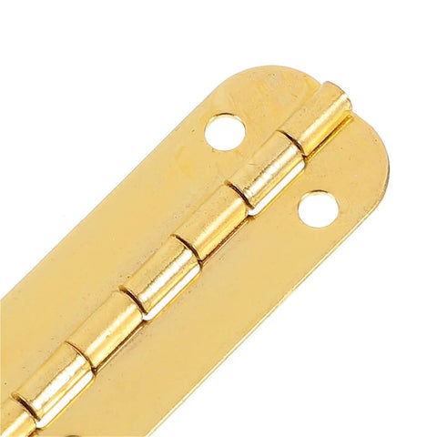 Close-up of gold Ten Pack Small Hidden Piano Hinges For Wooden Boxes And Jewelry Chests, two holes visible